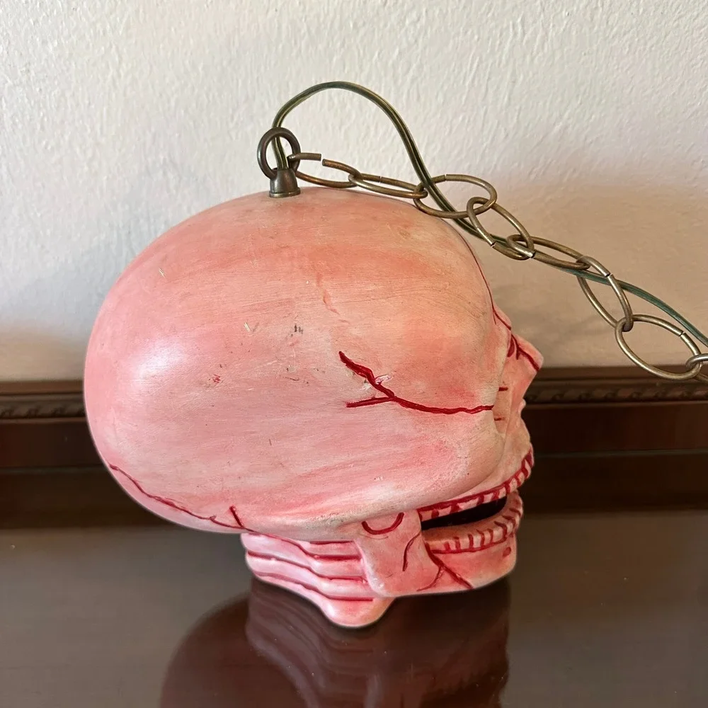 Vintage Hanging Swag Skull Lamp Red Glowing Eyes Halloween Horror Plug In Light